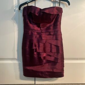 Bebe Dark Plum Satin Layered Strapless Mini Dress. Size XS